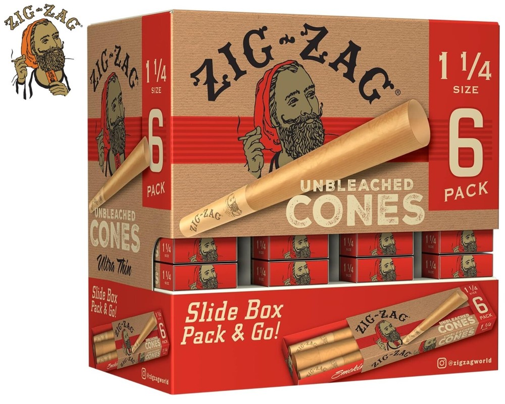 ZIG-ZAG Pre Rolled Cones Unbleached 1 1/4 Size (36-Pack) 6 Cones Per Pack