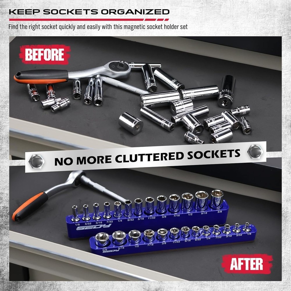 2-Piece Magnetic Socket Organizer Set Holds 26 Sockets - Heavy-Duty Design