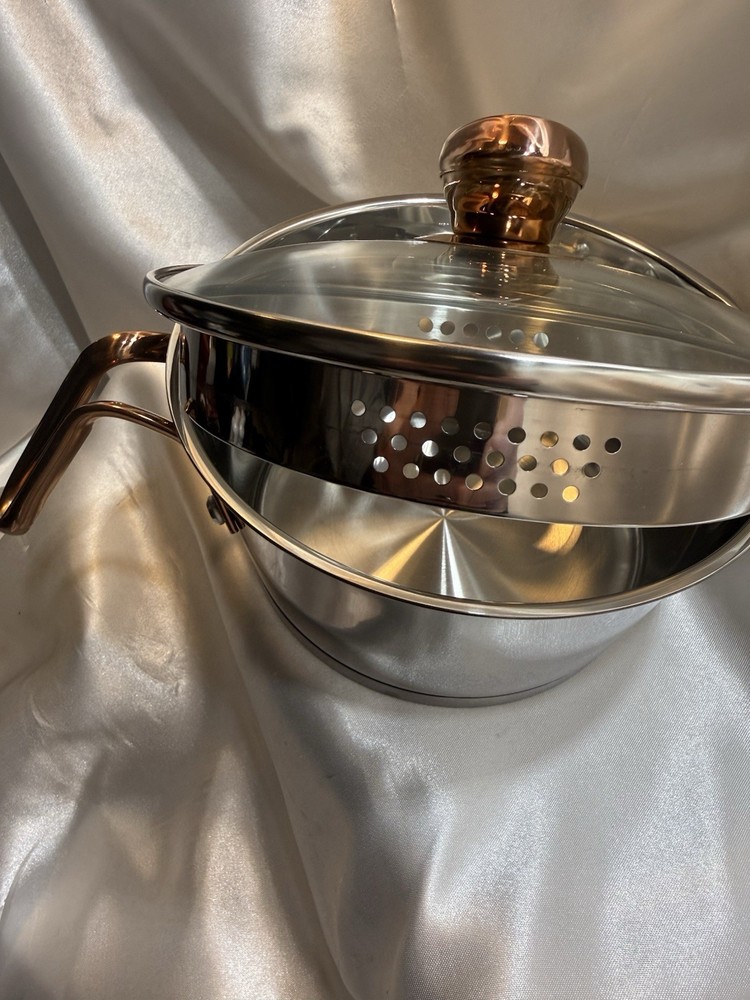 Wolfgang Puck 6 PC Stainless Cookware Set Copper Handles, Knobs Glass Lids