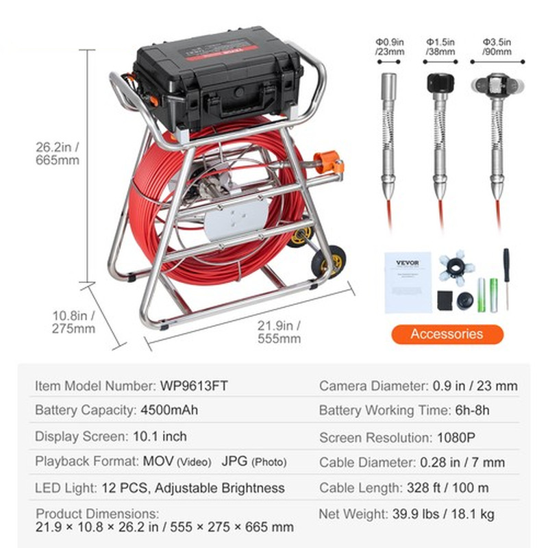 Sewer Camera 328 Ft/100M Self-Leveling Drain Camera with 10.1" Touchscreen