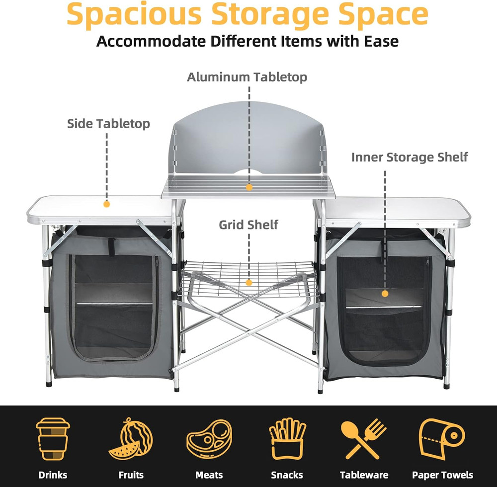 Camping Kitchen Station, Folding Grill Table with 26'' Tabletop, 2 Side Tables,