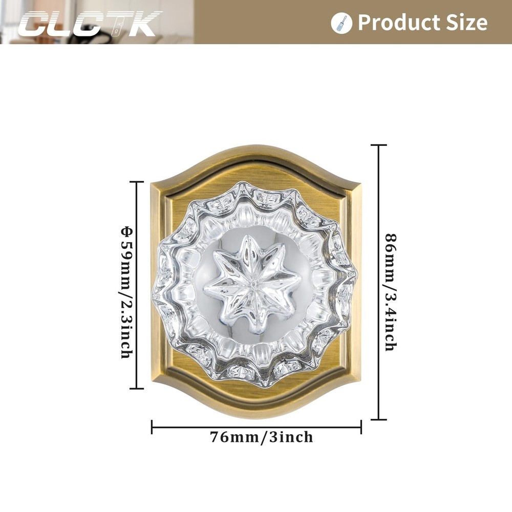 CLCTK 2 Pack Crystal Glass Dummy Door Knobs, (2 Pack), Antique Brass