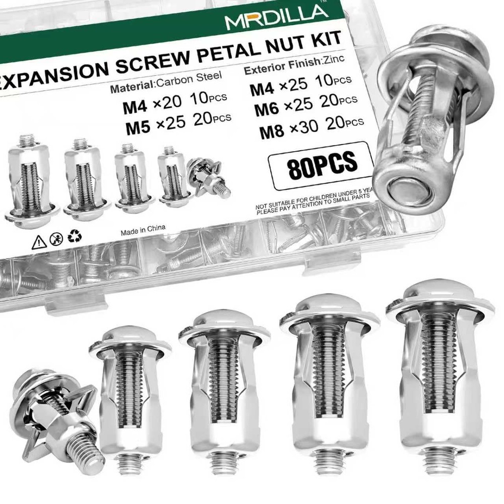 80pcs M4/M5/M6/M8 Petal Jack Nuts Rust-Resistant Silver Expansion Nuts for Dr...