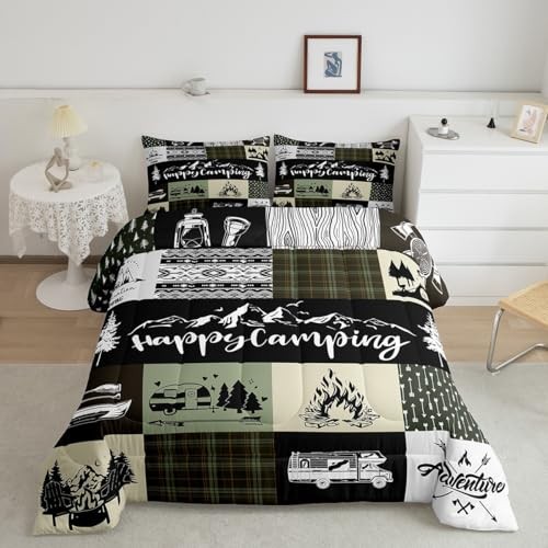 Camping Camper Size Comforter Set,RV Inside Decor Rustic Full Camping 06