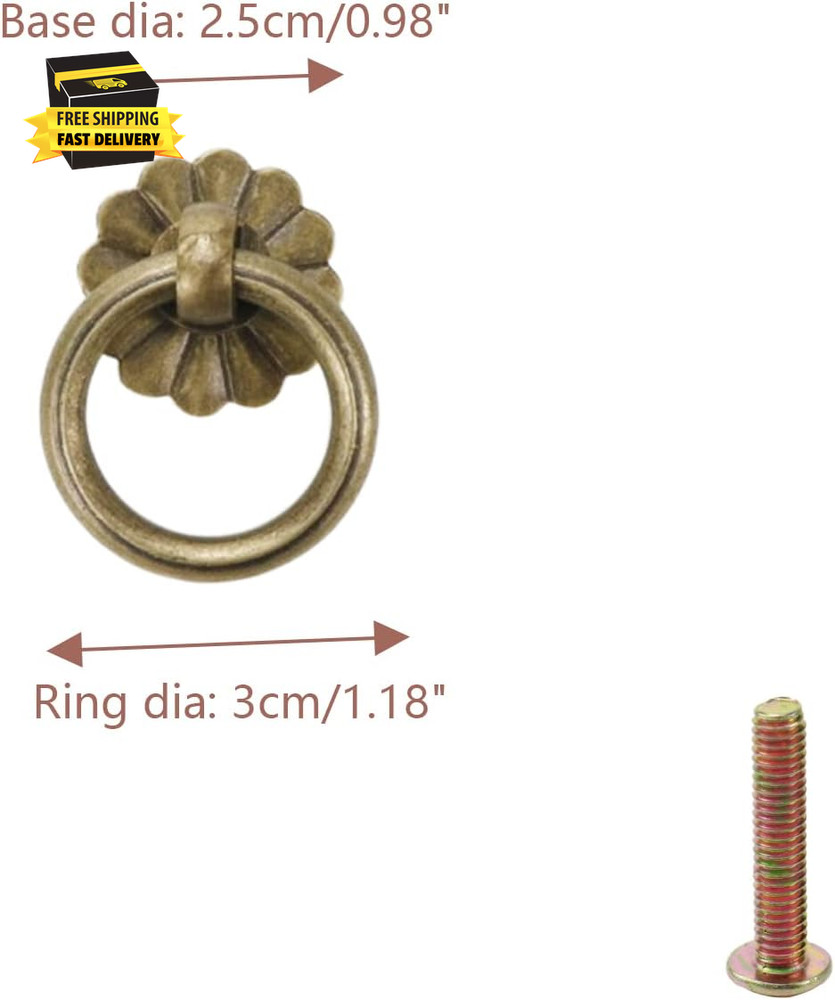 6Pcs Antique Brass Drop Ring Pulls Vintage round Pull Ring for Drawer Cabinet, B