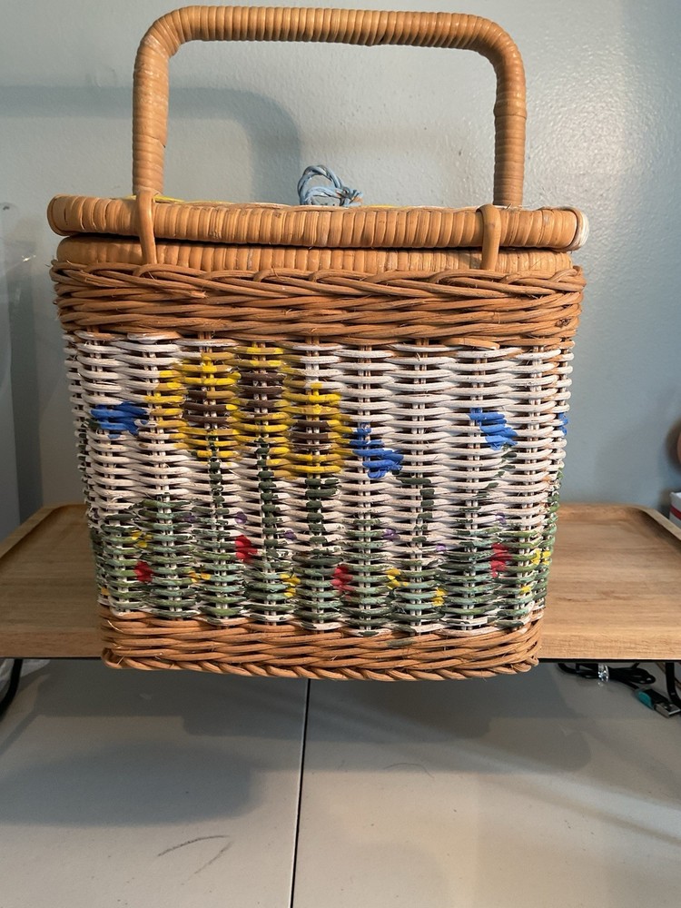 Sewing Basket Double Lid Sunflowers. Signed