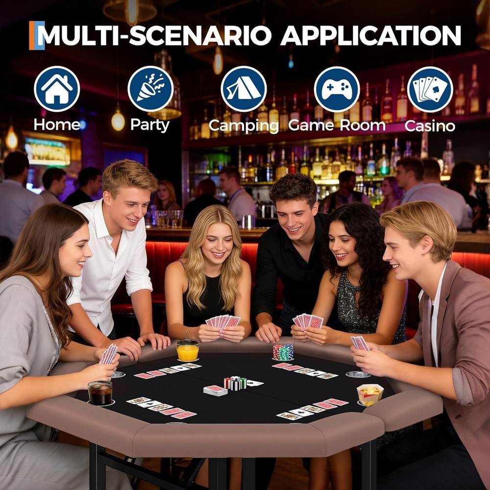 Complete 8-Player Poker Set: Foldable Octagon Table W/ Padded Rail & Cup Holder