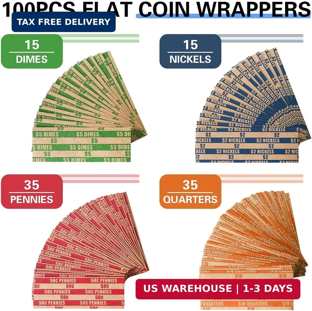 ESSENTIAL 100 pcs Assorted Packed Flat Stripped Coin Wrappers, Coin Rolls Wrappe
