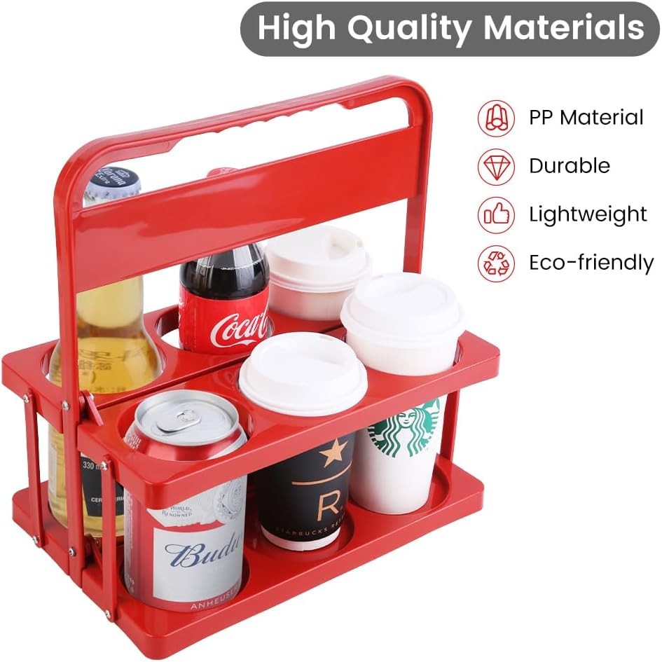 Reusable Drink Carrier with Handle for Doordash, Eats, Grubhub, 6 cups, Red