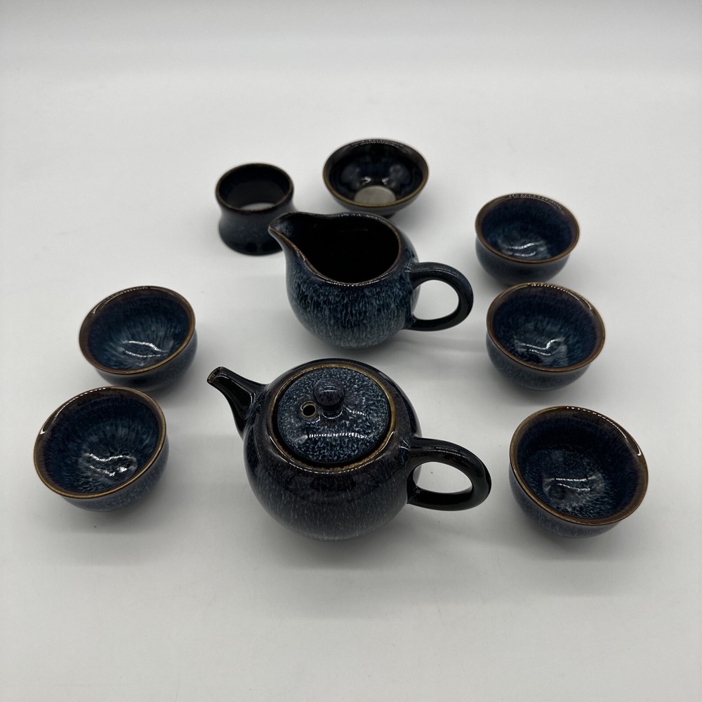 Tenmoku Tea Set - Blue - Missing One Cup