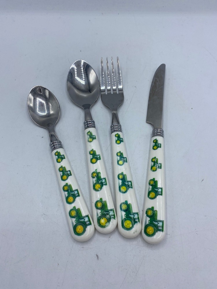 4 Piece Flateware John Deere tractor Gibson Dinner Knife 2-Spoons Fork Plastic