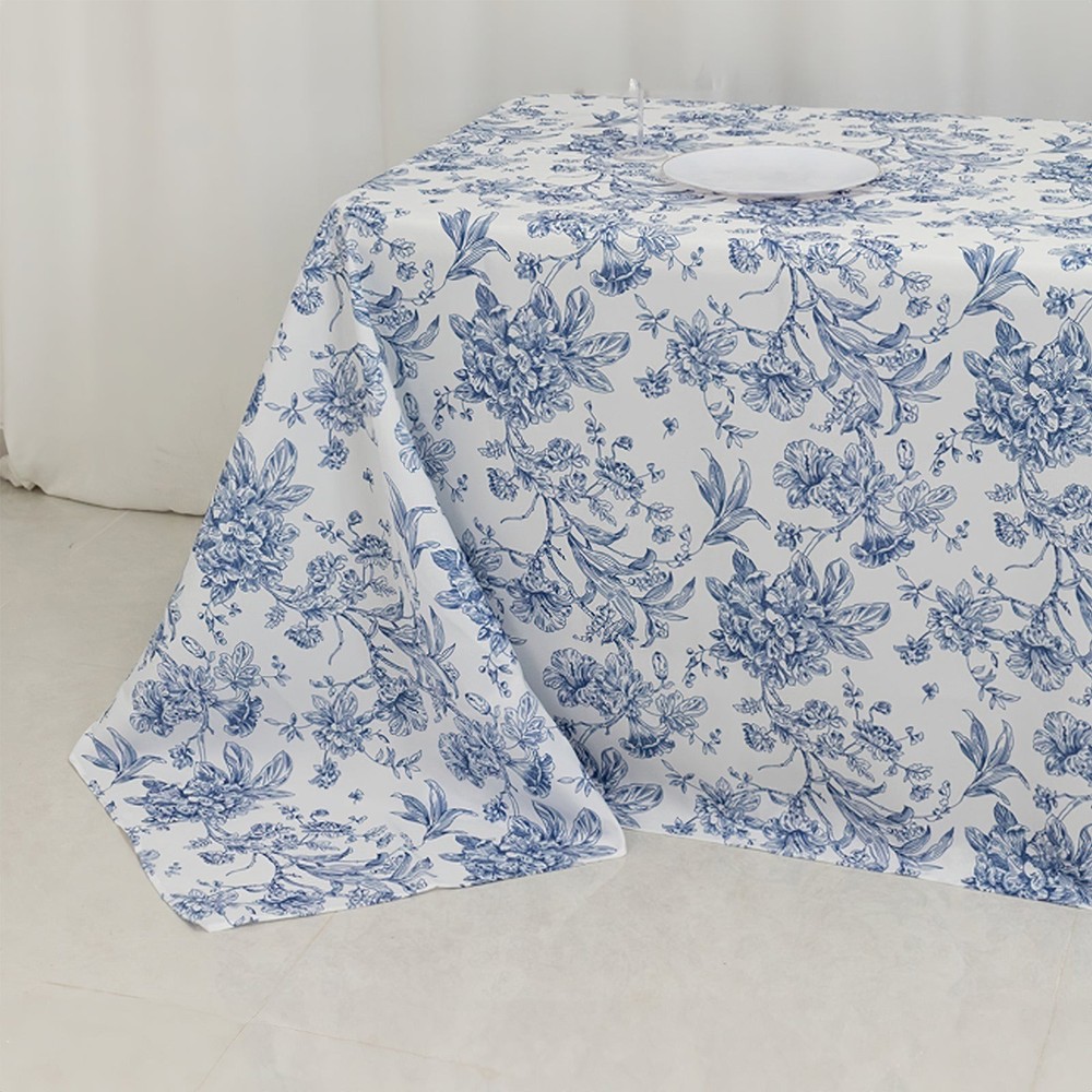 90" x 132" Blue French Toile Pattern Polyester Rectangular Tablecloth