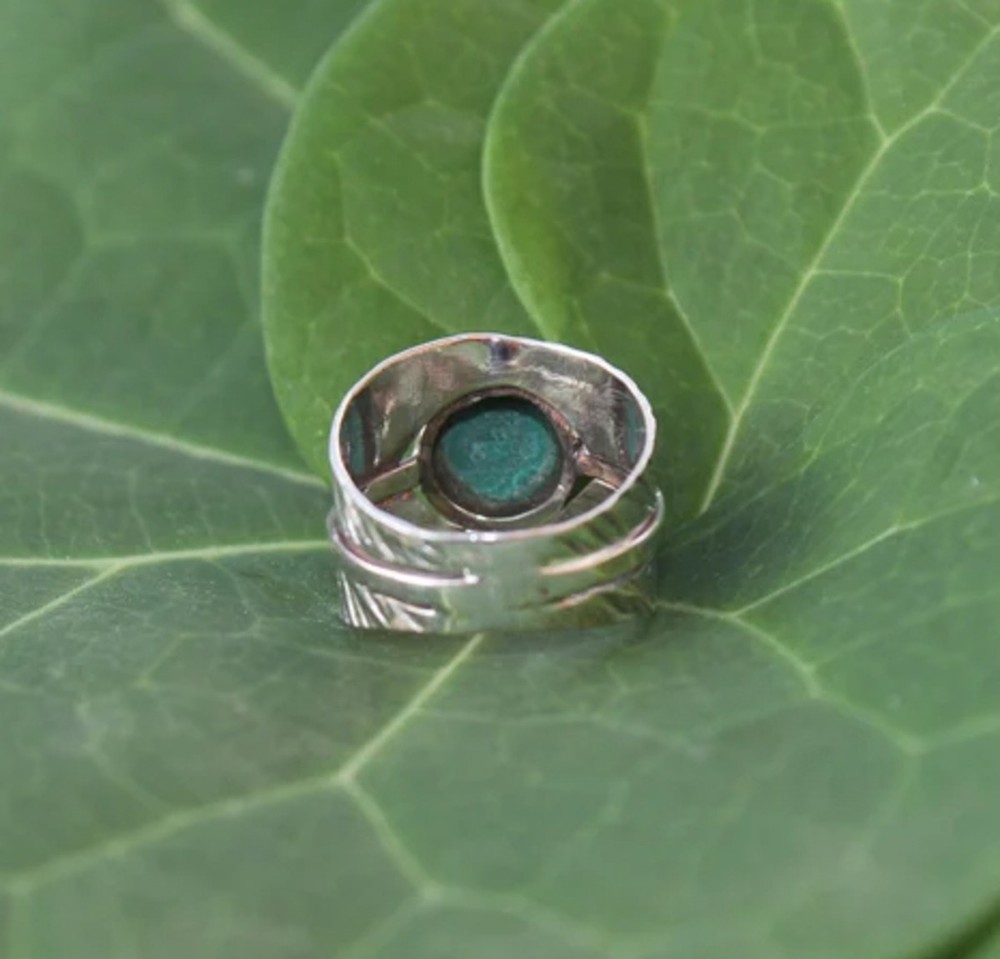 Solid 925Sterling Silver Natural Malachite Gemstone Wide Leaf Textured Boho Ring