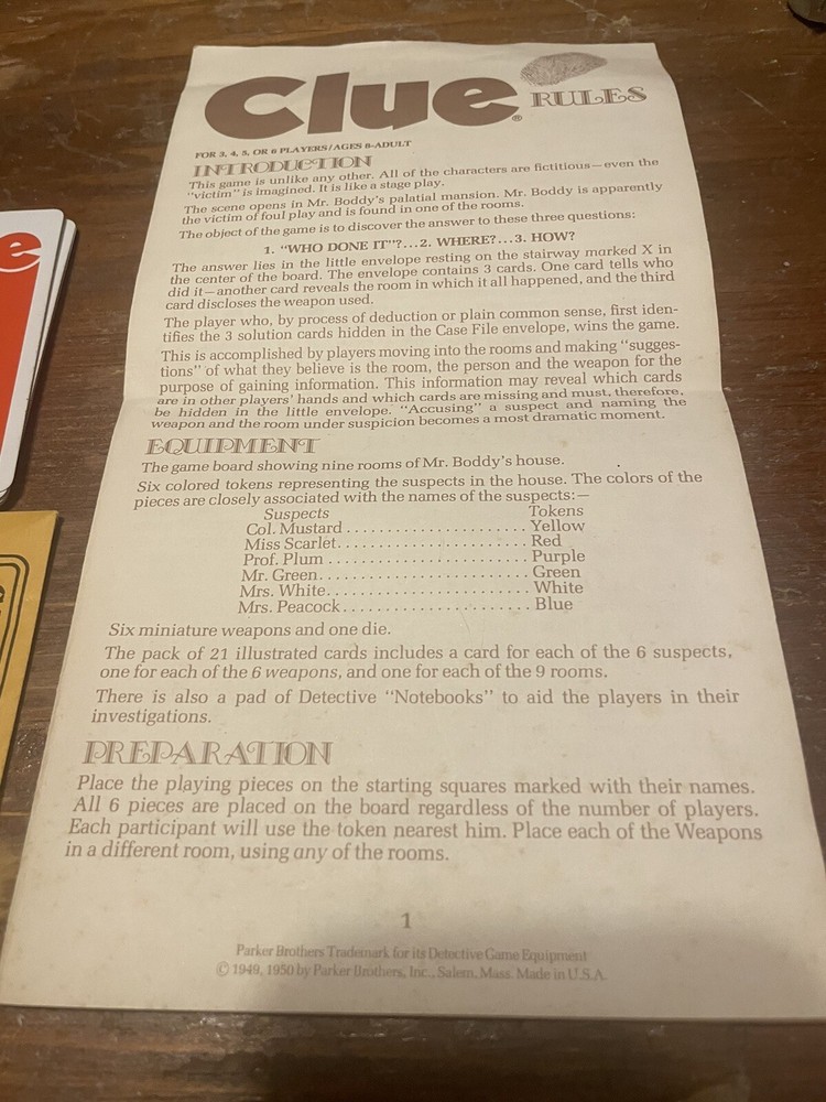 1976 Clue Board Game Replacement Pieces