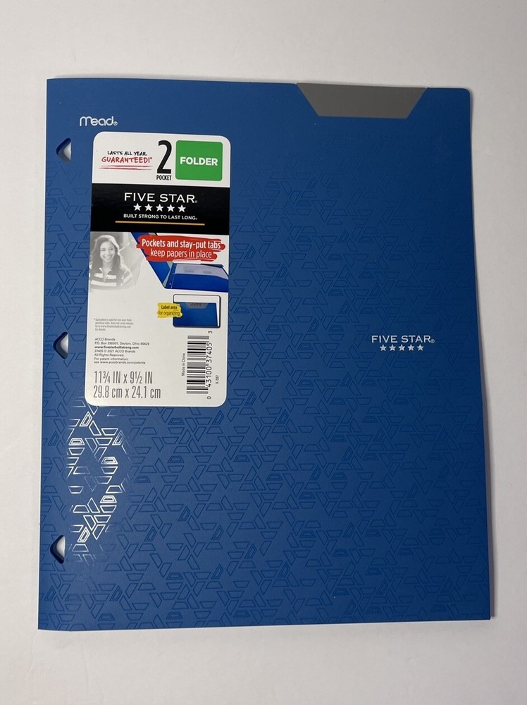 New Five Star Mead Blue Plastic 2 Pocket Folder Label Area Triangle Holes Plain