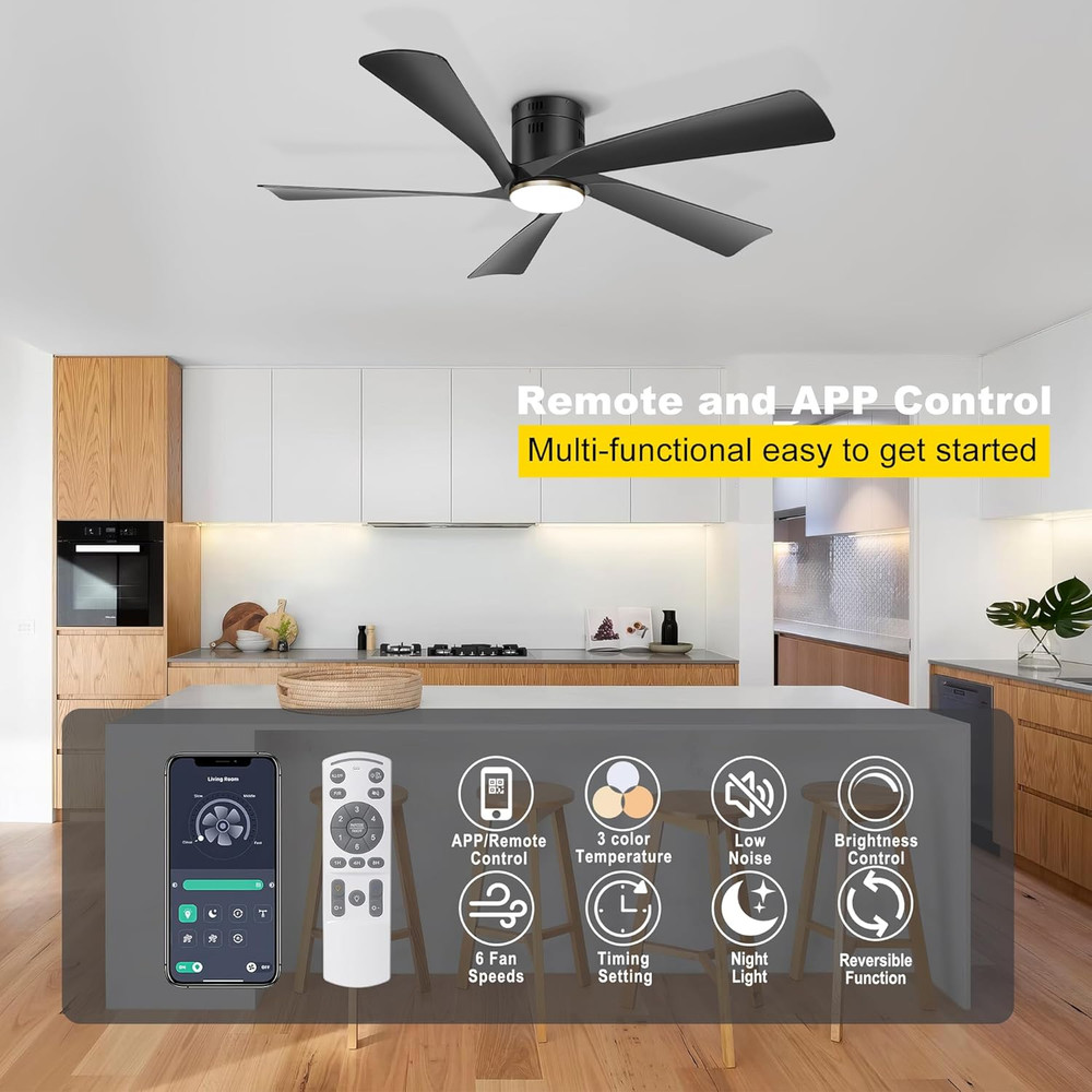 52” Low Profile Ceiling Fan with Lights, Remote & APP Control Modern Flush Mount