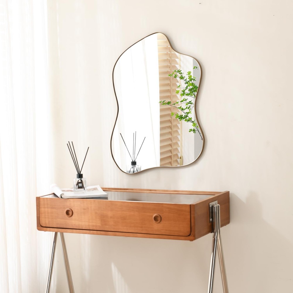 Irregular Wall Mirror Brass Wave Shaped Metal Framed Wall Mirror for Bathroom...