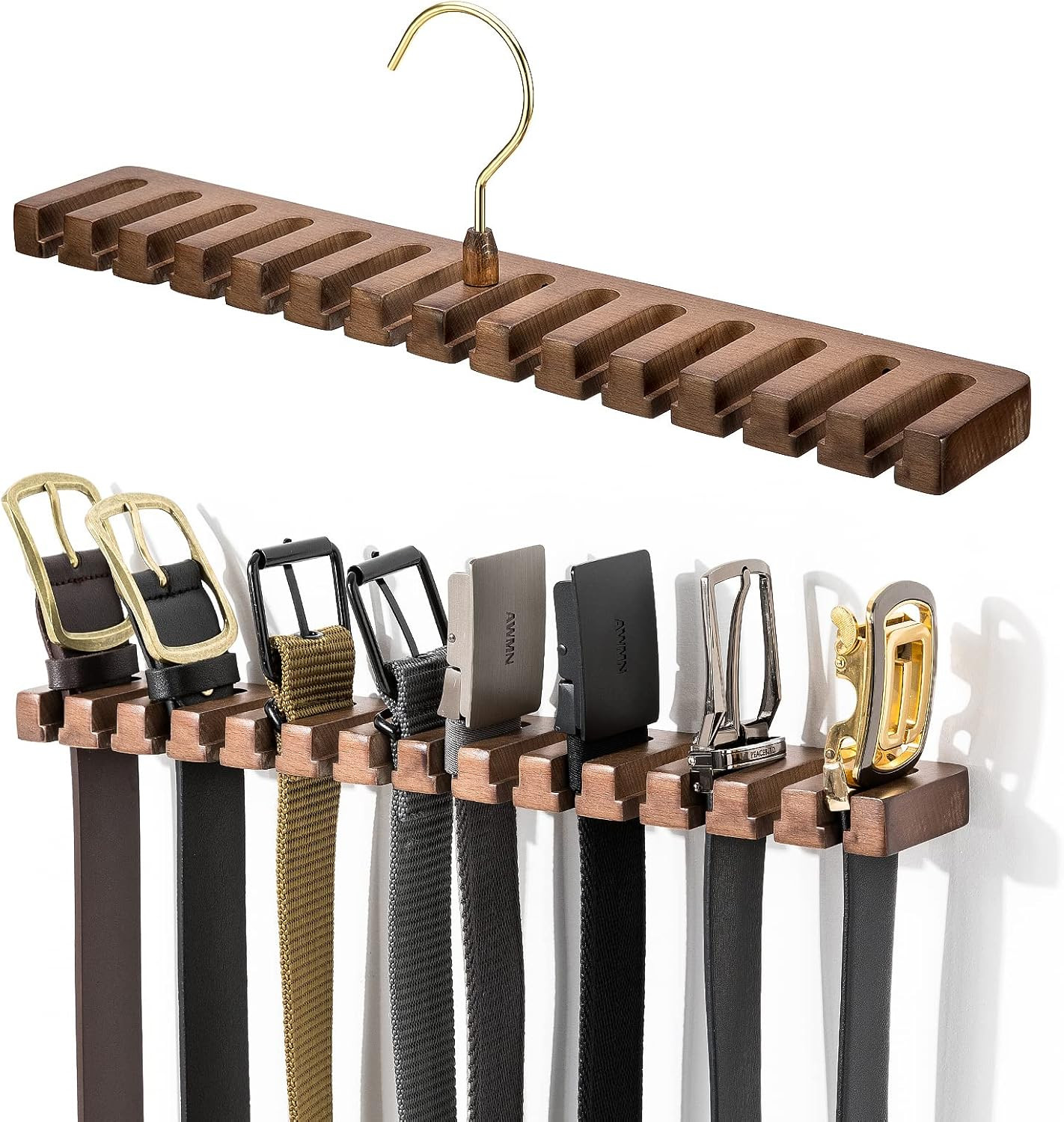 Wooden Belt Rack for Closet Wall Mount, Sturdy Belt Hanger Organizer Holds 14 Be