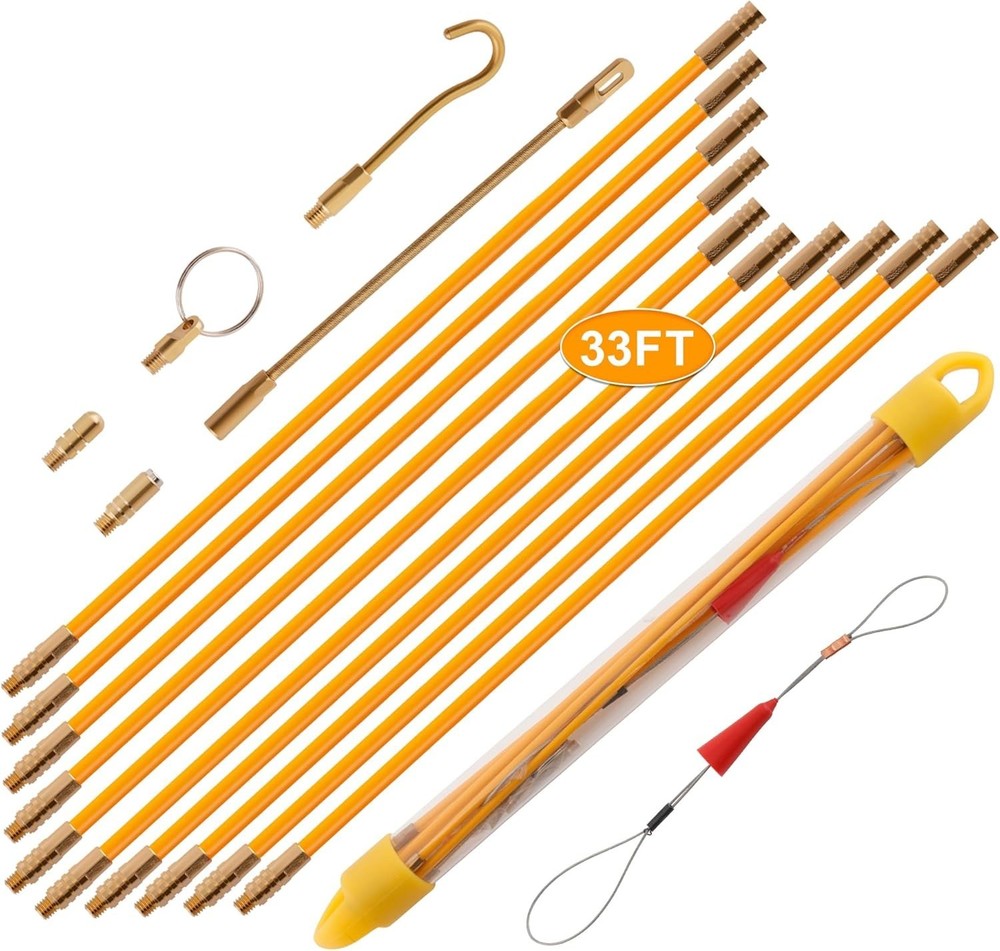 33FT Fiberglass Running Electrical Wire Cable Glow Rods Wire Pulling Tools Fi...