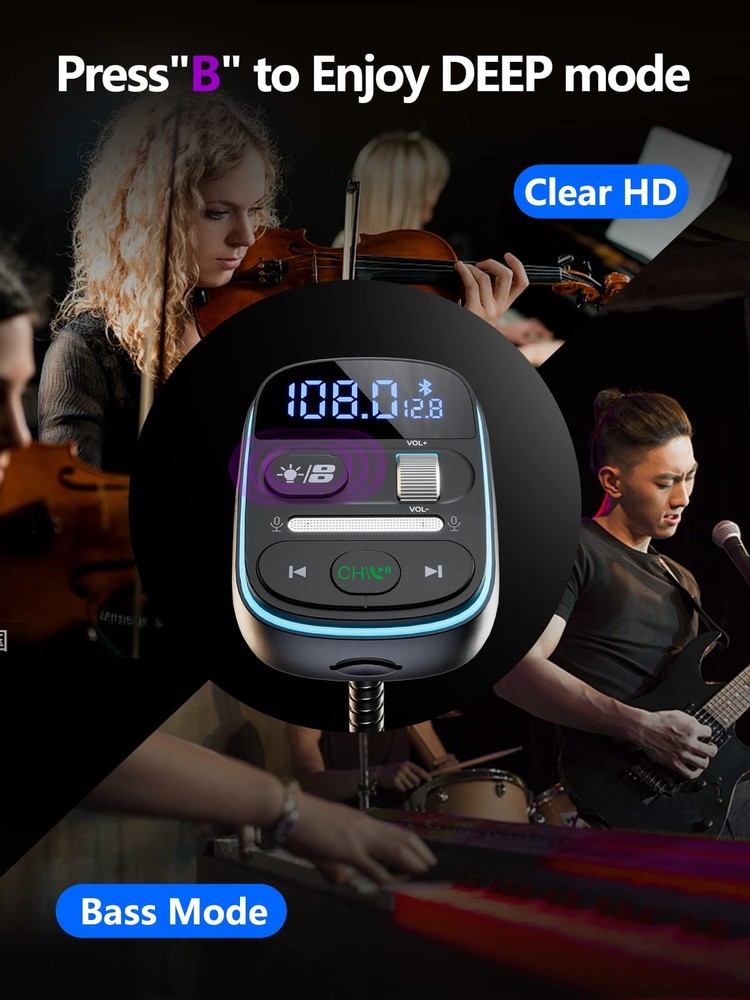 LENCENT Bluetooth FM Transmitter PD 30W, Bluetooth Car Adapter with QC3.0 Fas...