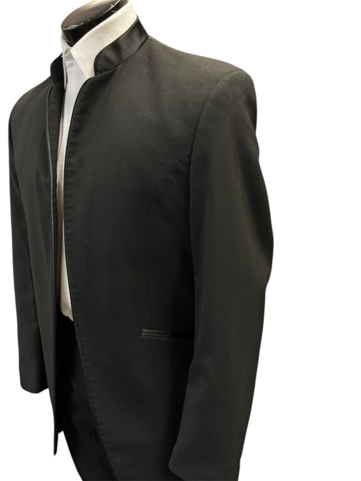 Men's Black Mandarin Nehru Collar Tuxedo Jacket with Satin Trim Formal