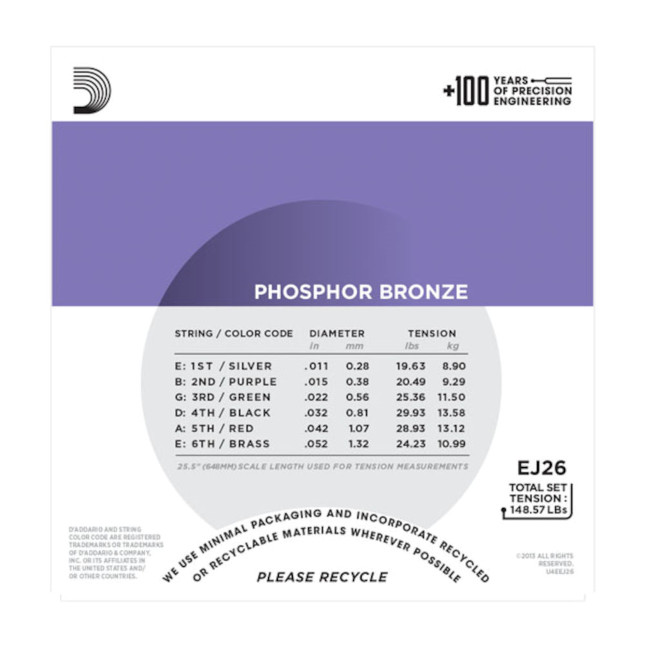 D'Addario EJ26-3D, 3-Pack Custom Light Gauge Phosphor Bronze Strings, .011-.052