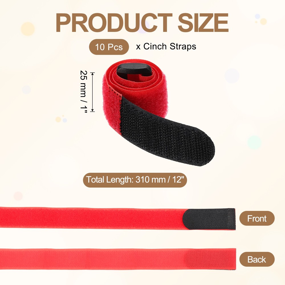 10pcs Reusable Cinch Straps 1"x12" Hook and Loop Cable Securing Straps, Red