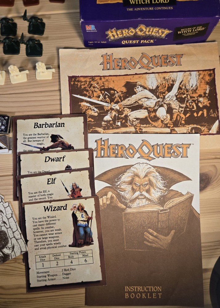 HeroQuest MB Board Game System + Witch Lord Quest Pack both 100% Complete 1990