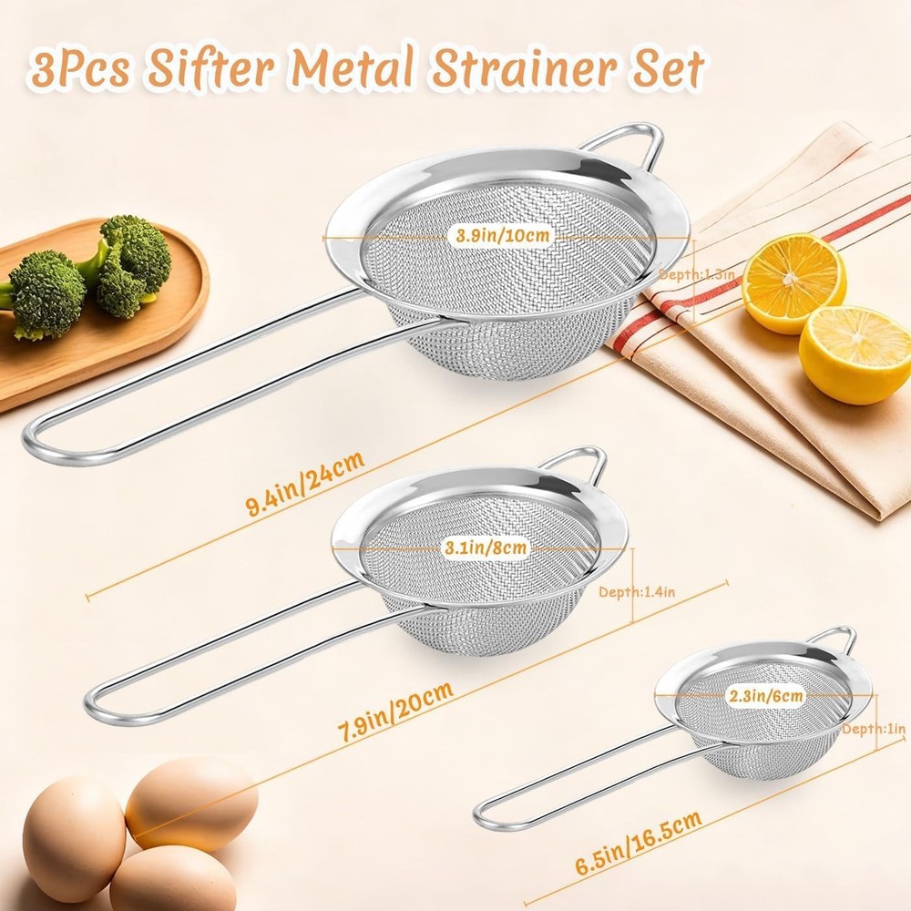 3Pcs Fine Mesh Strainer W/ Handle Small Medium Large Size Sieve Strainers Set