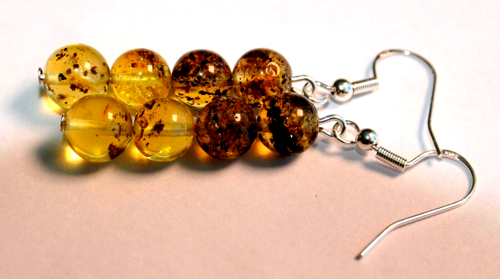 ✅RUSSIAN SOVIET EARRING SILVER HOOK BALTIC SEA AMBER 琥珀 DROP GOLD STONE EGG ROCK