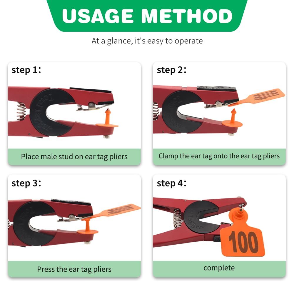Cattle Ear Tags for Cows 001-100 Ear Tagger Installer Kit Orange