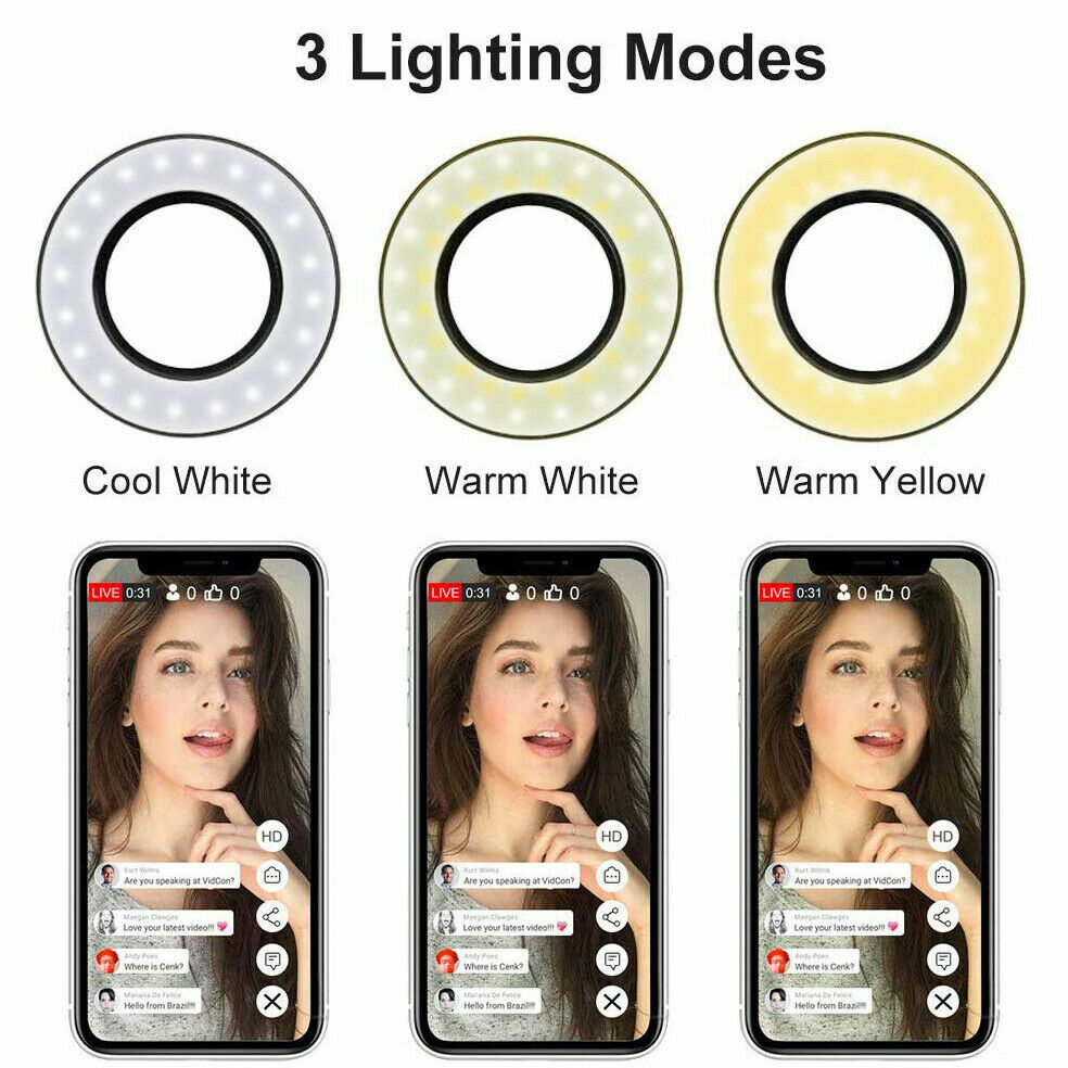 Selfie Flash Ring Light + Phone Holder 24 LED Camera Long Arm USB Clip On