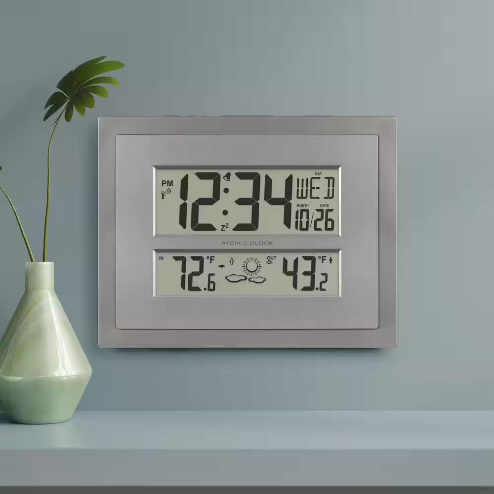 Atomic Digital Clock with Temperature and Forecast in Gray/Silver