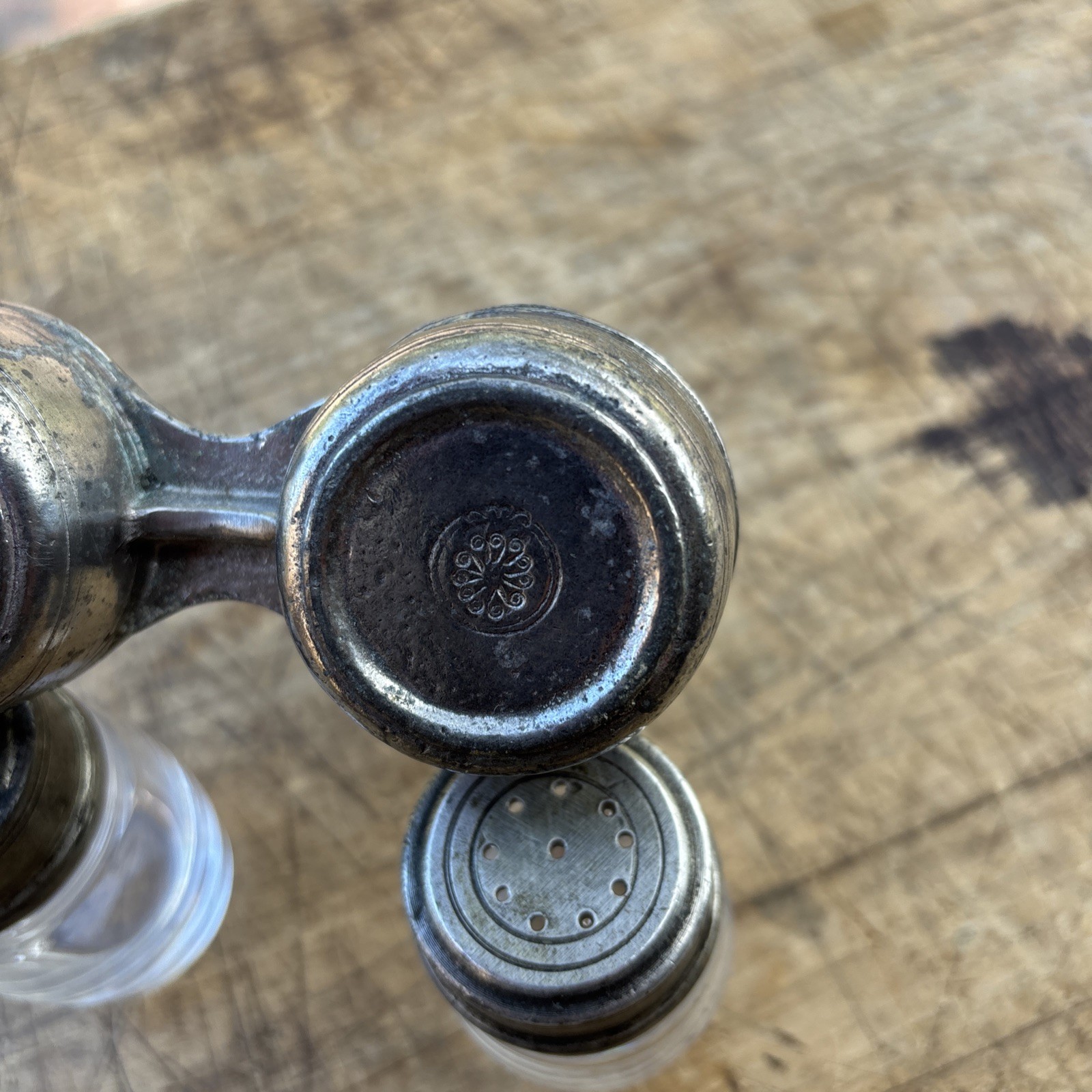 Antique Arte Italica Tavola SM Salt and Pepper with caddy Glass & 95% Pewter