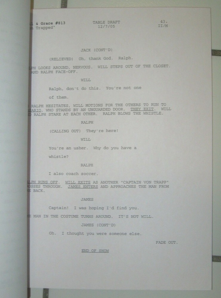 WILL & GRACE ORIGINAL SCRIPT FOR "VON TRAPPED" TABLE DRAFT SEASON 8 2005