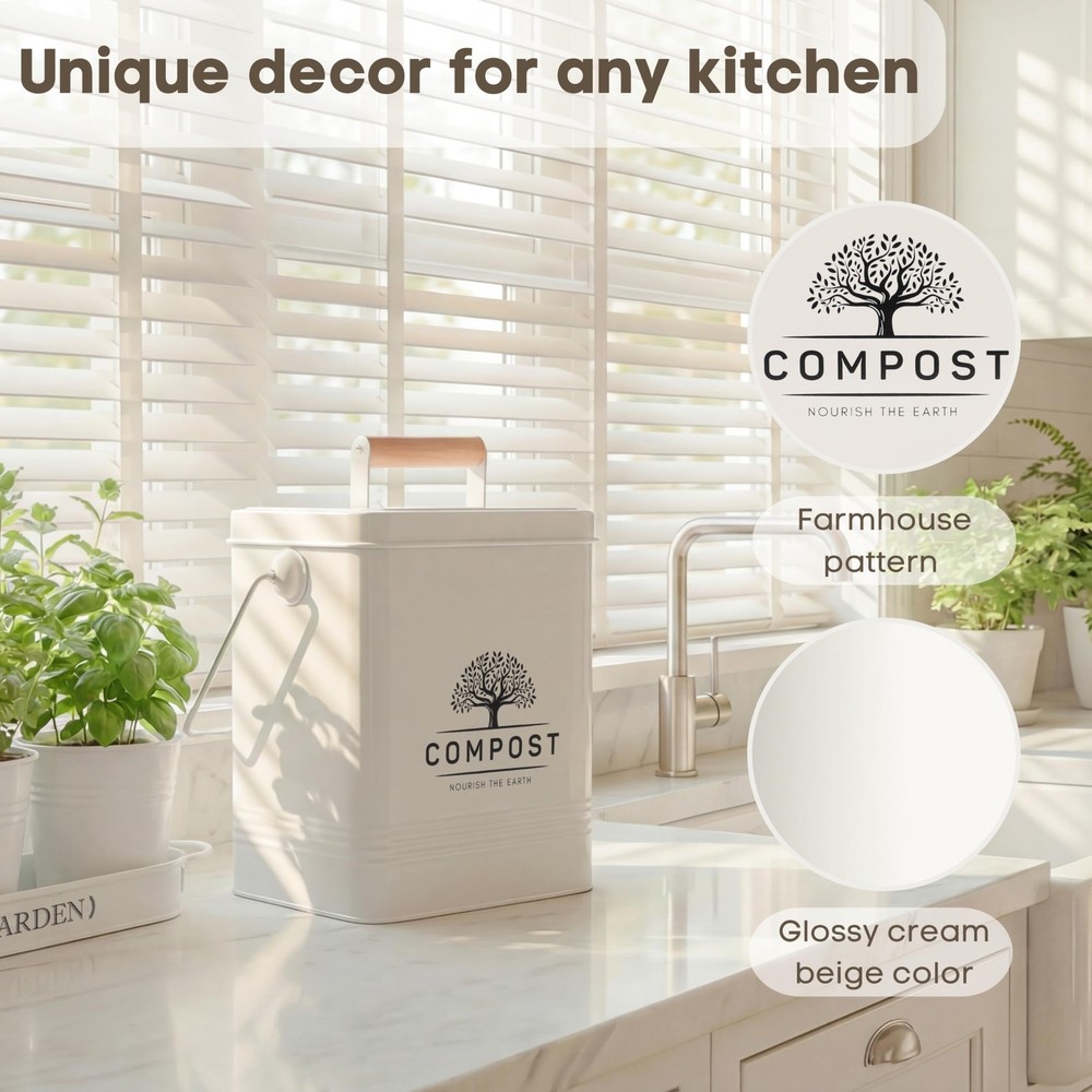 Kitchen Compost Bin, 1.7 Gallon Countertop Compost Bin with Lid, Indoor Compo...