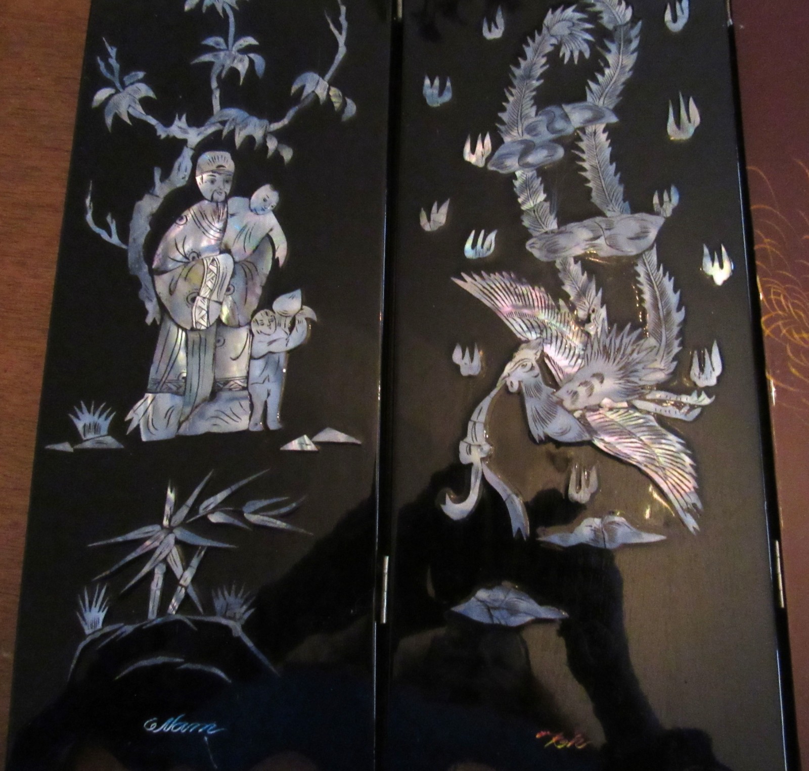 Asian 6 Panel 2 Side Lacquer Wood MOP Abalone Gold Fish Screen Divider 14"x28"