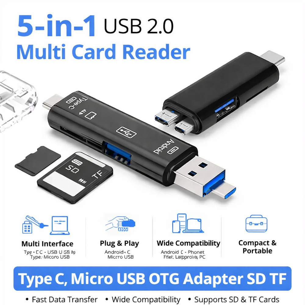5 in 1 USB 2.0 Card Reader Type C Micro USB OTG SD TF for Android PC & Laptop