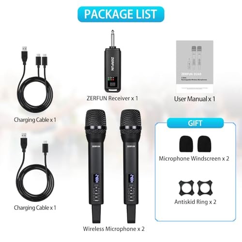 Dual Rechargeable Wireless Microphones, Pro Handheld Cordless 2 Mics, Black