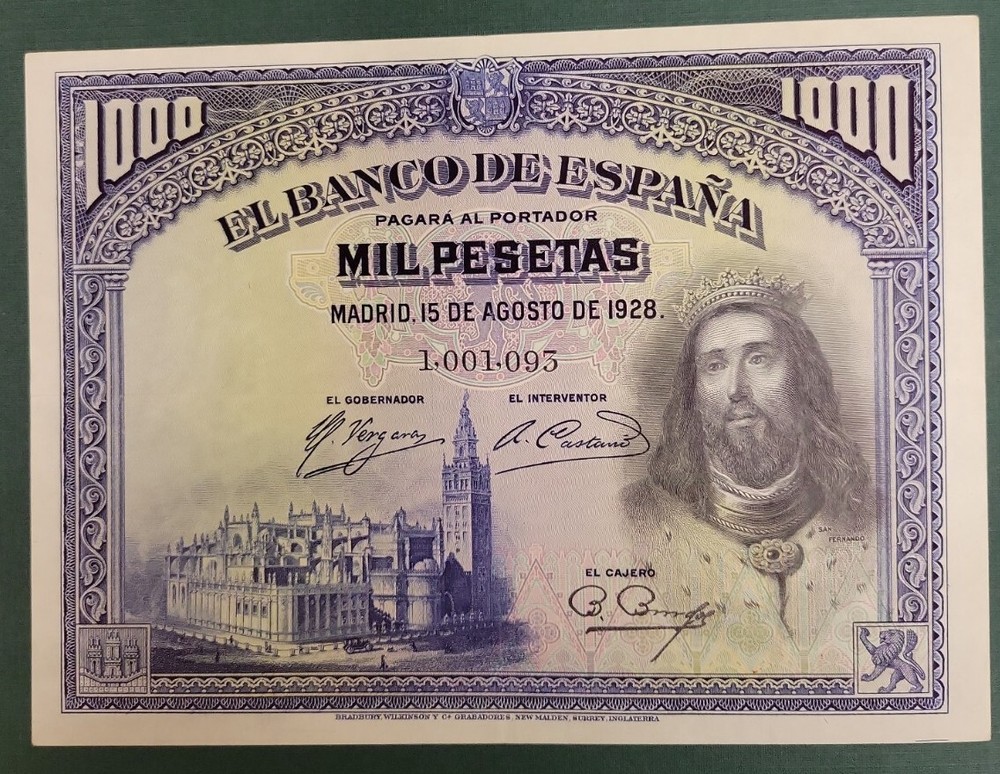1928 Spain 1000 Pesetas - Pick# 78 - Solid VF/XF
