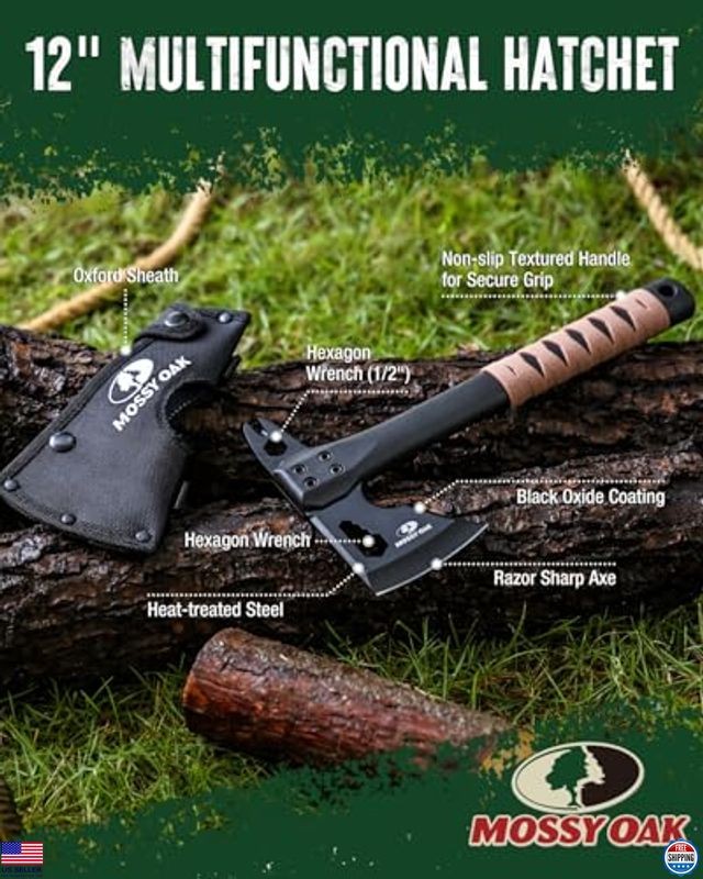 12" Camping Axe Hatchet with Sheath, Compact Outdoor Multitool, Non-Slip Handle