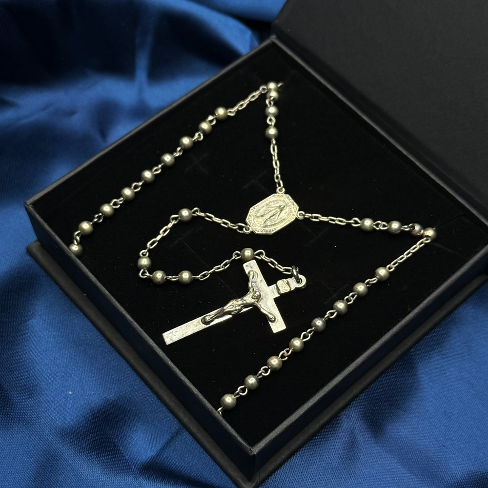 Vintage All Sterling Silver Bead & Component 17" Catholic Rosary w Case