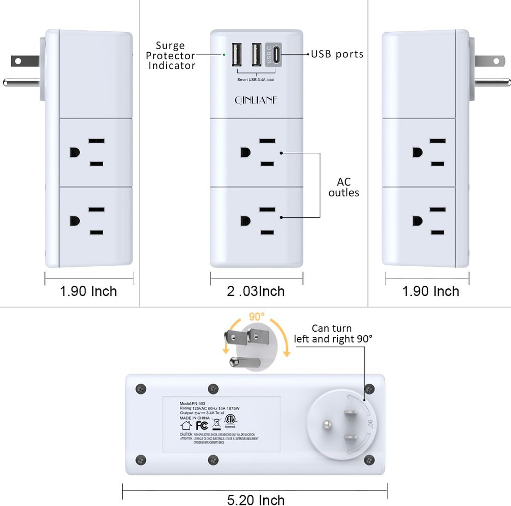 USB Outlet Extender Surge Protector - Rotating Plug, 3-Sided Swivel Power Strip