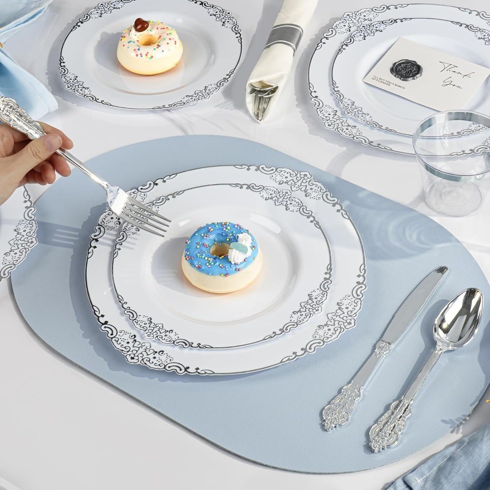 Disposable Silver Plastic Dinner Plates for 50 Guests Set Includes 100 Silver
