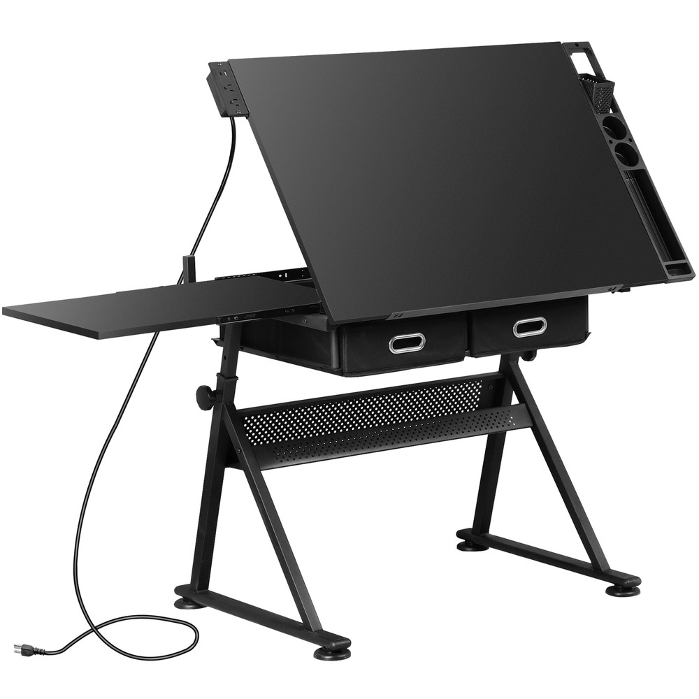 Drafting Table Artist Desk Drawing Table Adjustable Tabletop with Outlet Black