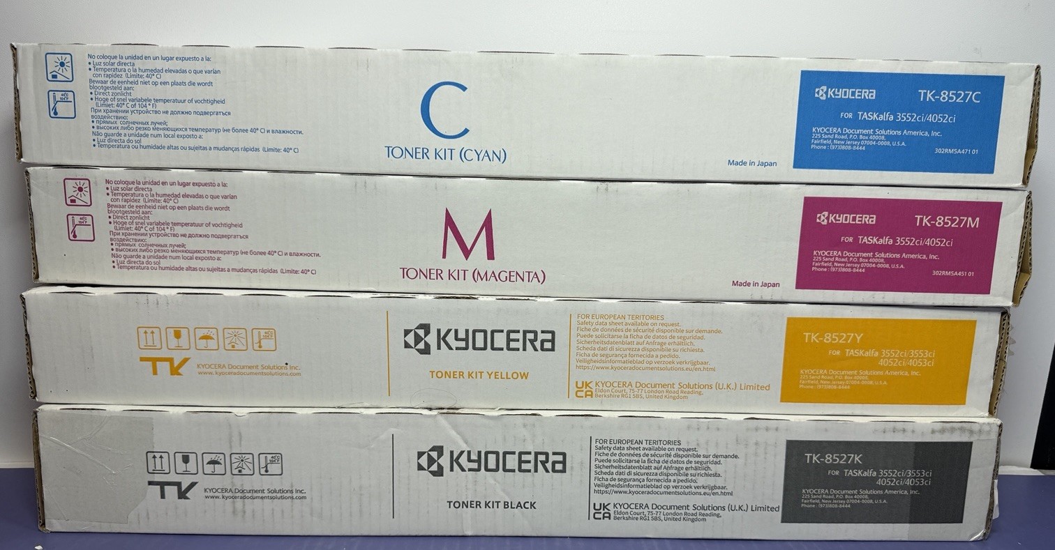 OEM Kyocera TASKalfa 3552ci, 3553ci, 4052ci CMYK Toner Full Set TK-8527 SEALED