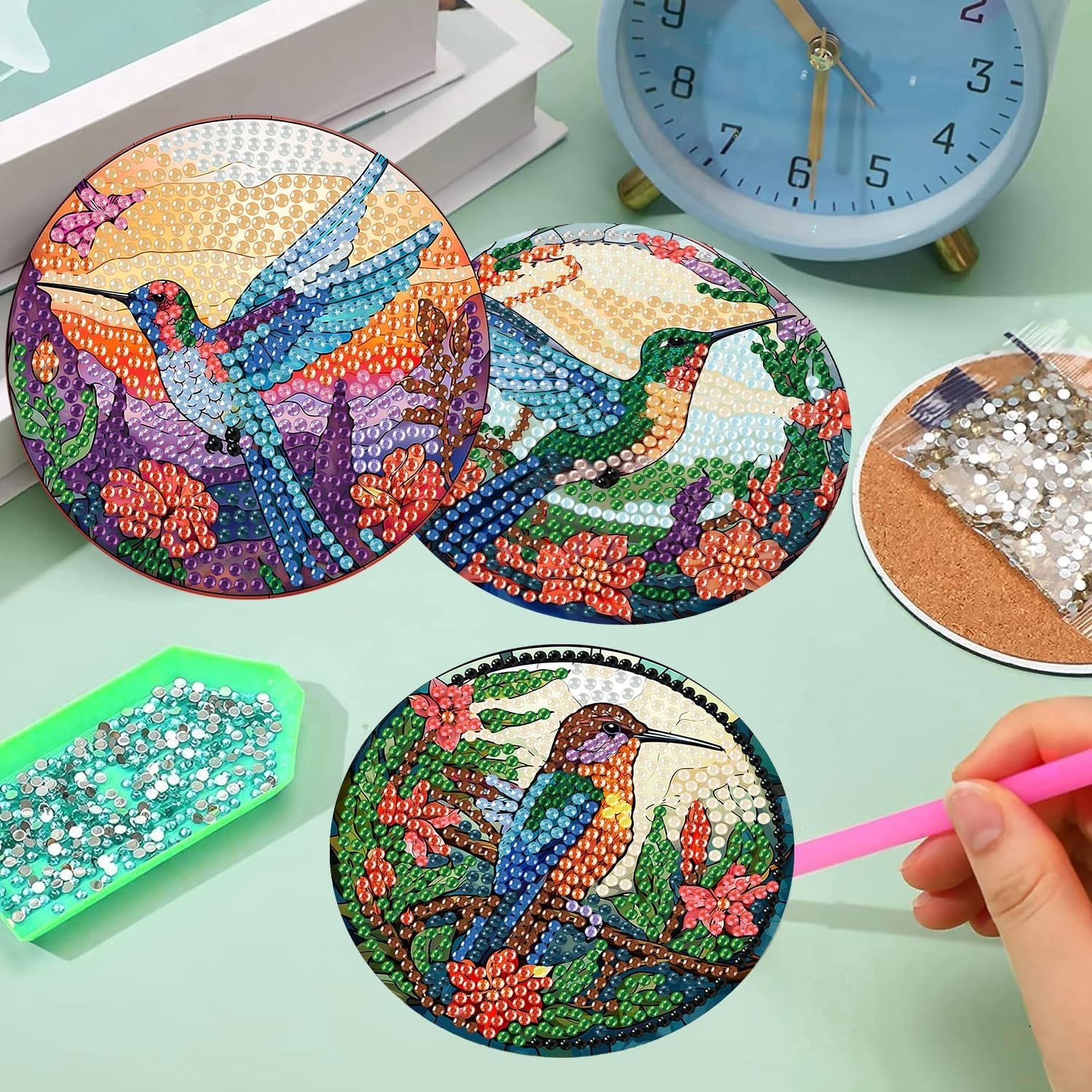 mrpwnle 8 PCS Diamond Painting Art Coaster Set with Hummingbird Coasters