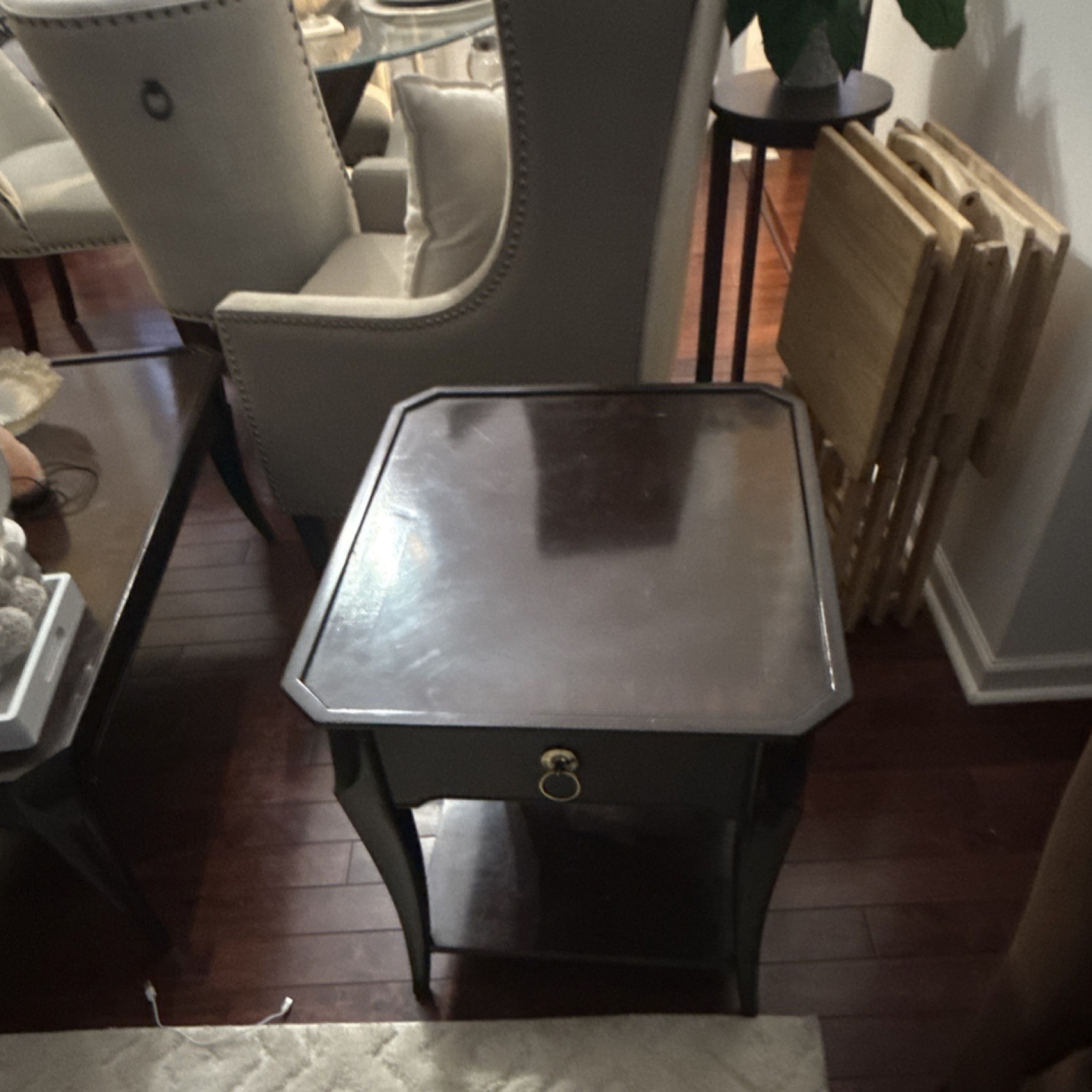 Dark Wood Nightstand with Drawer and Drop Handle for Bedroom