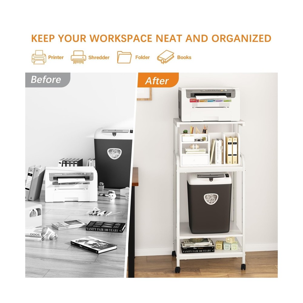 4-Tier Printer Stand with Storage Shelf, Mobile Printer Table for Home Office...