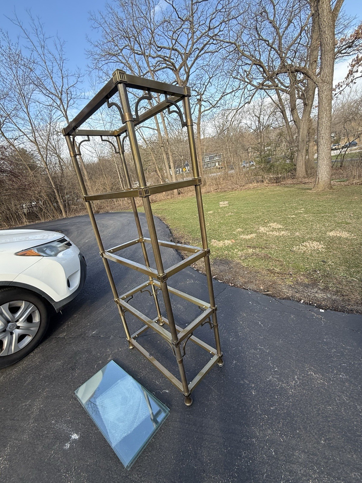 VINTAGE JANSEN STYLE ETAGERES WITH REEDED BRASS AND GLASS